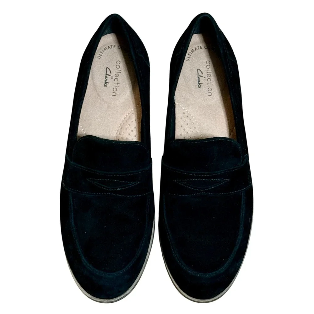 Clarks Collection Womens 7.5M Trish Rose Black‎ Suede Penny Loafers Comfort